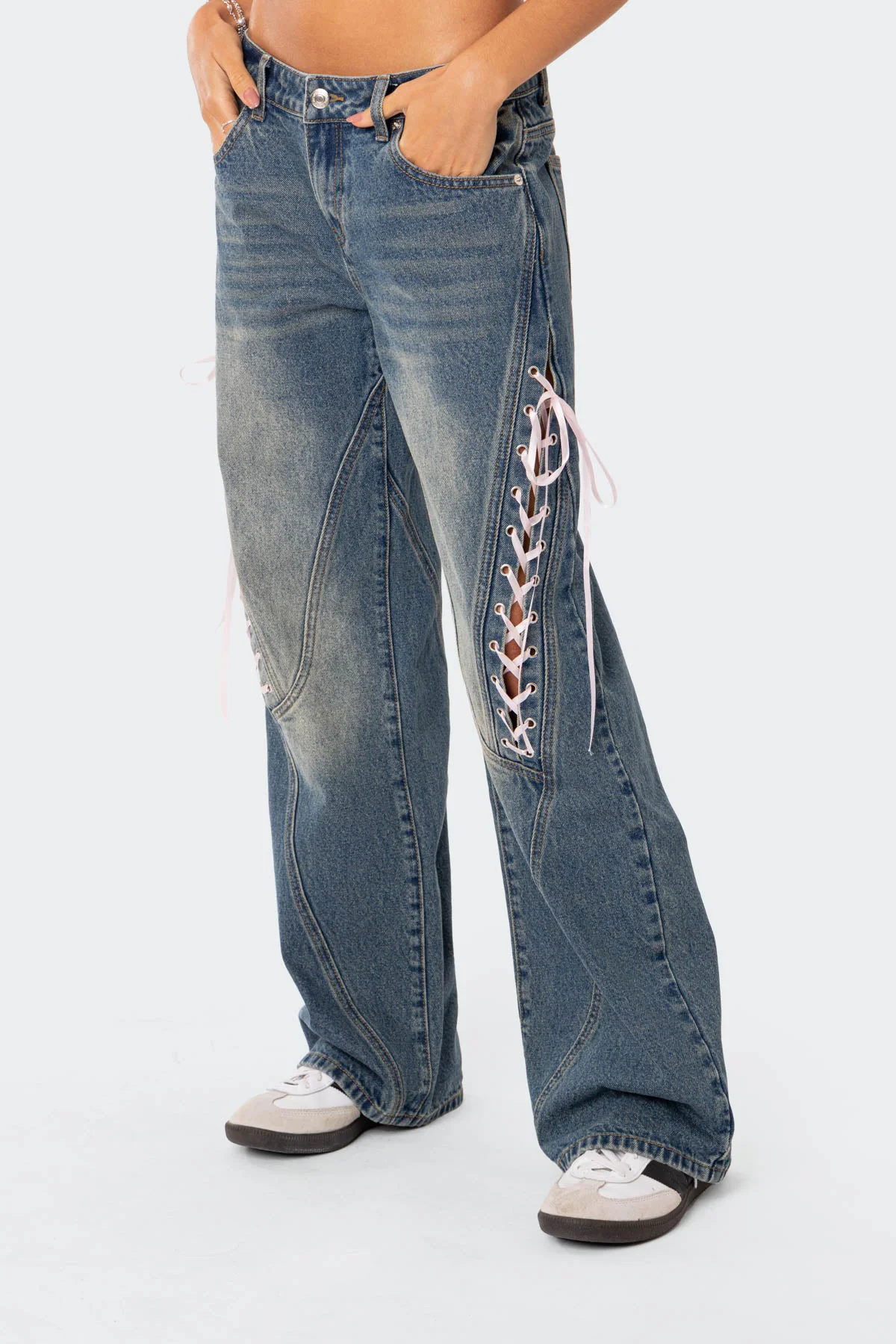 Ribbon Lace Up Low Rise Baggy Jeans - Image 3
