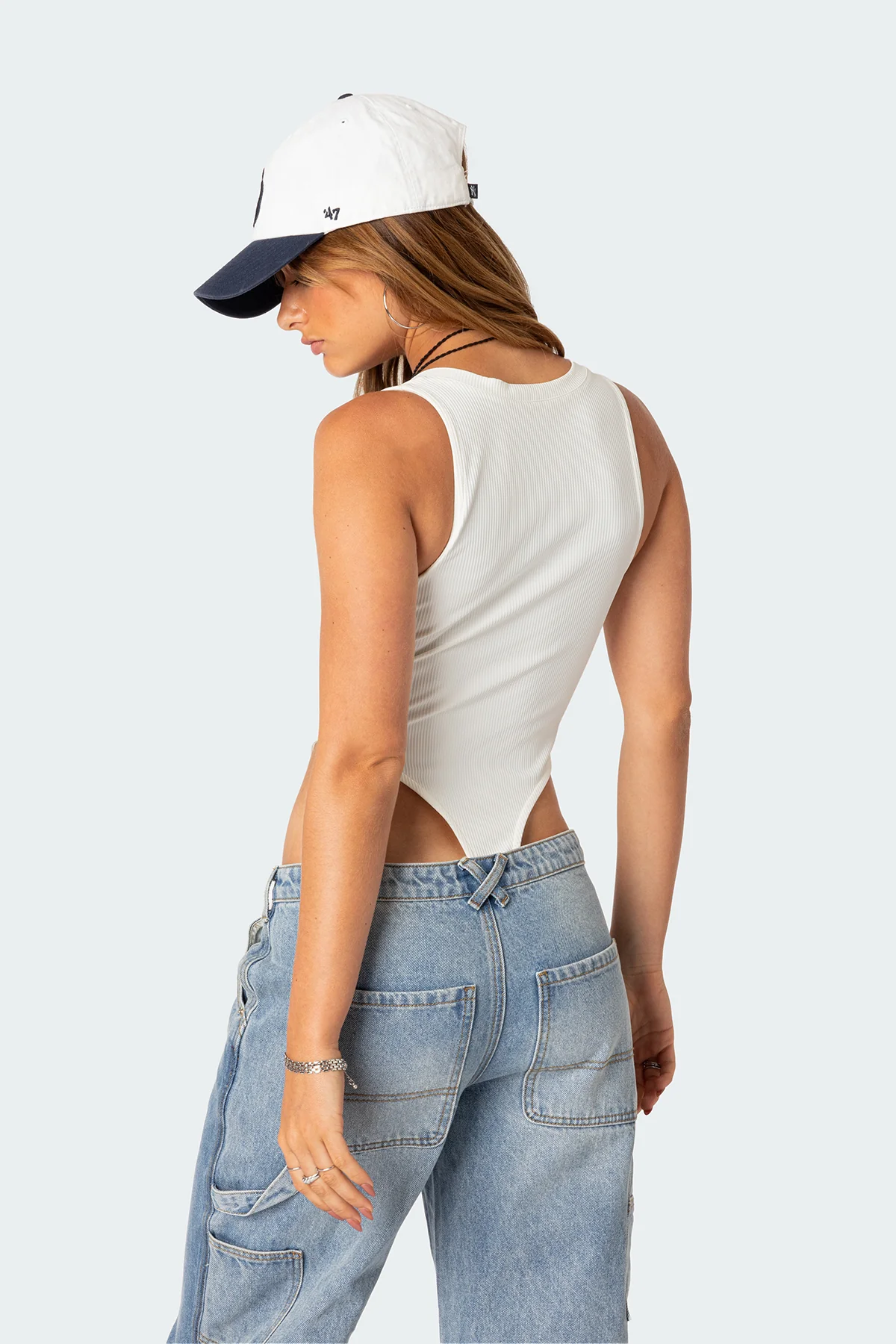 High Cut Ribbed V Neck Bodysuit - Image 4