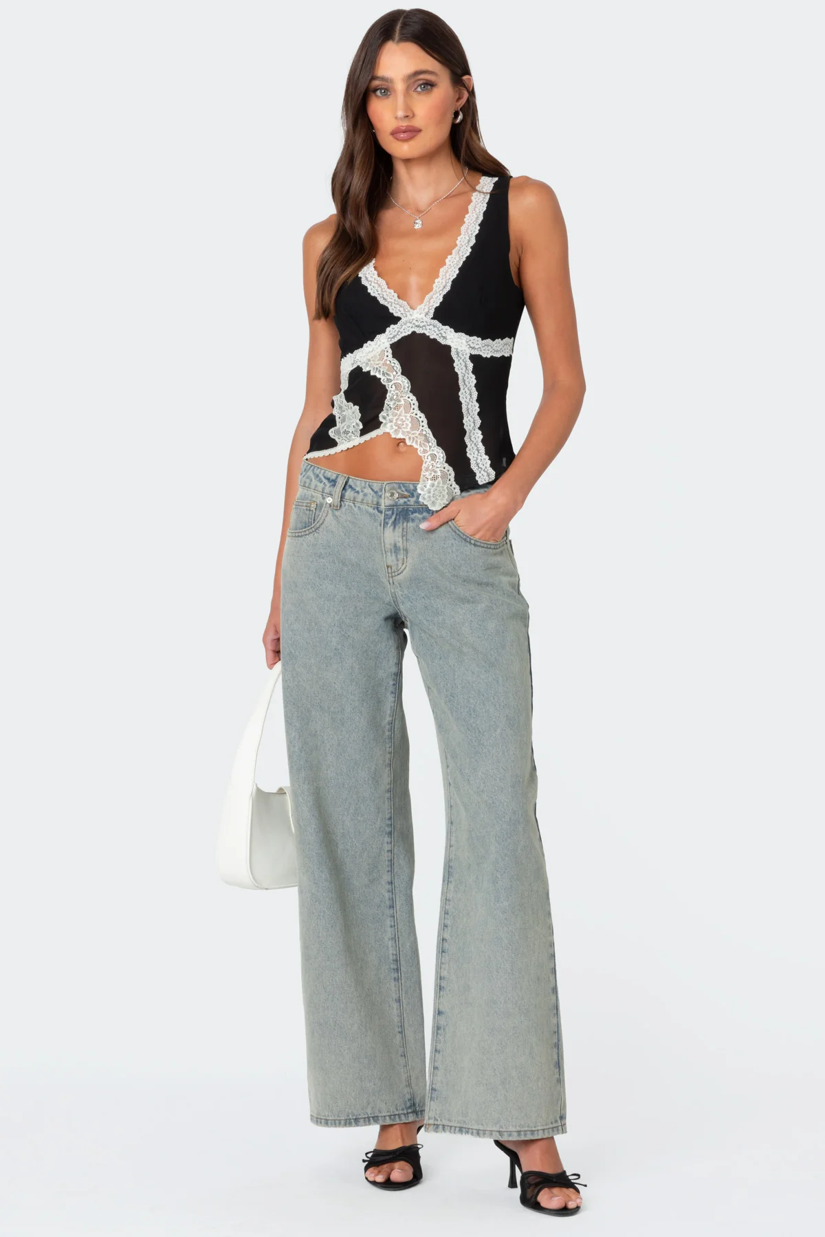 Chiffon & Lace Sheer Asymmetric Top - Image 2