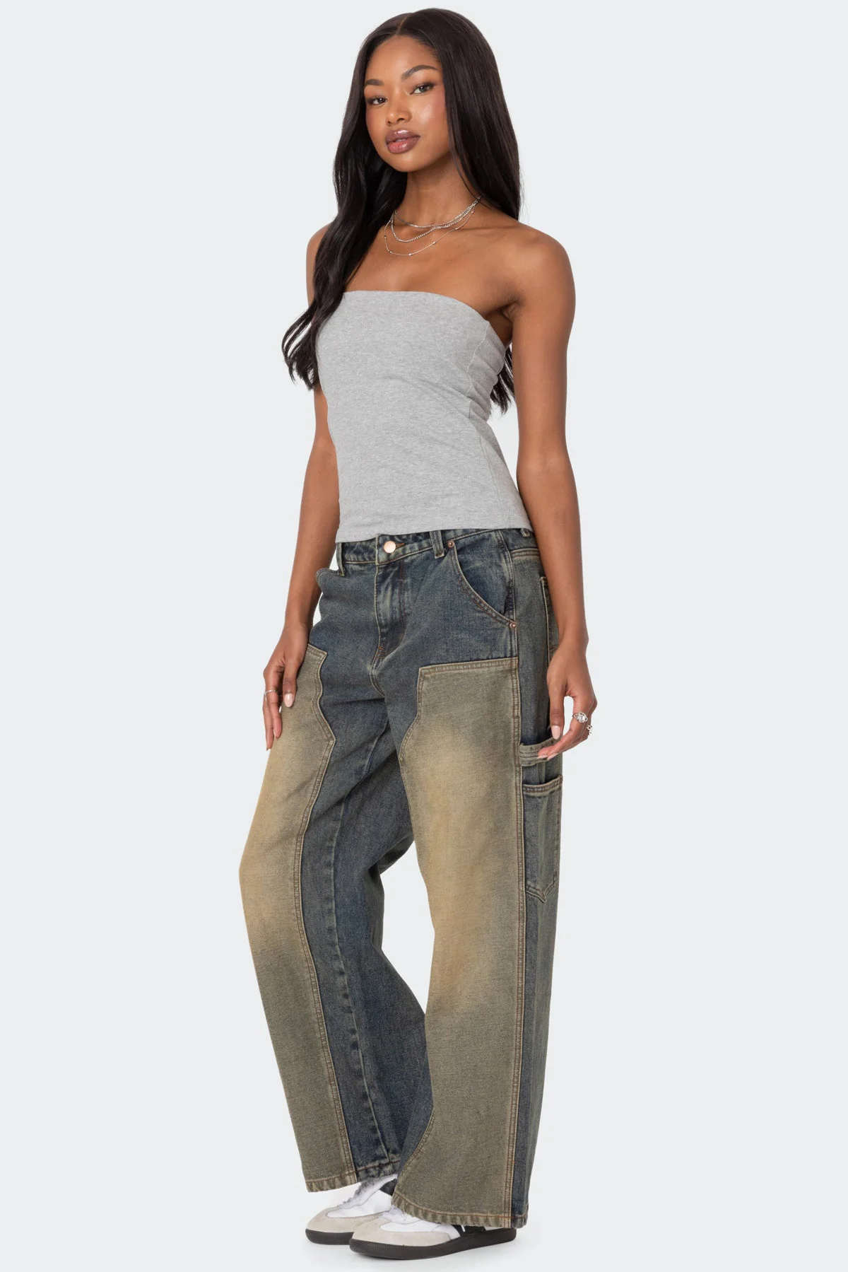 Contrast Panel Washed Mid Rise Baggy Jeans - Image 3