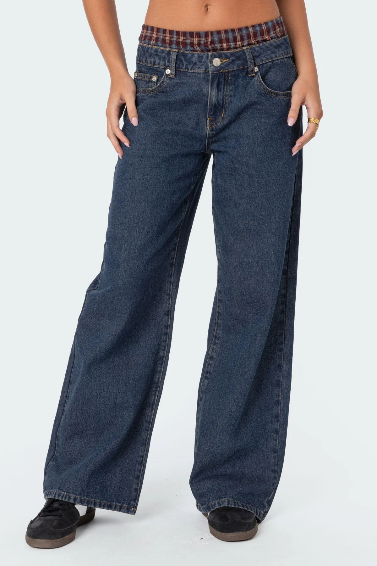 Plaid Boxer Detail Low Rise Baggy Jeans - Image 4