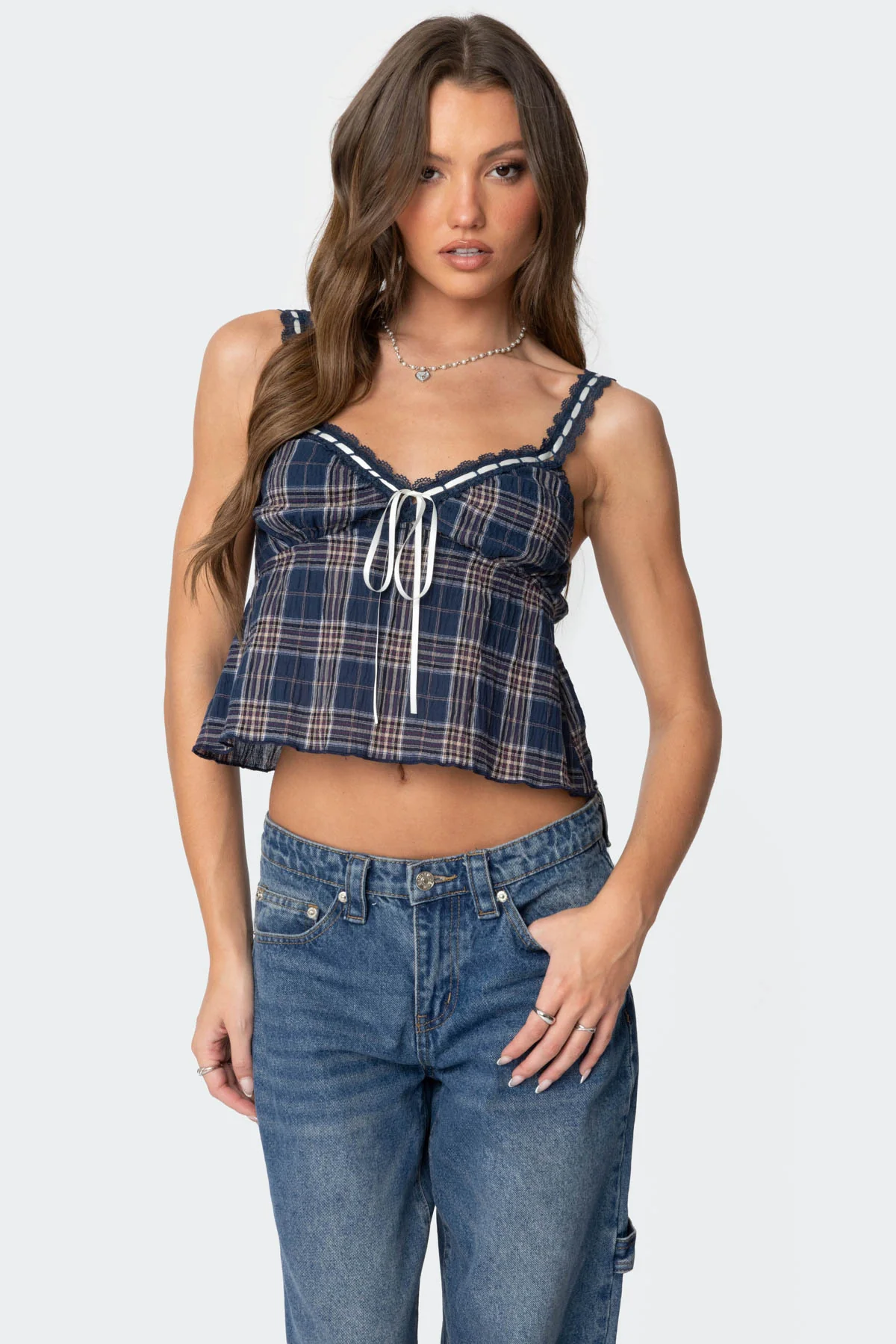 Plaid Lace Trim Tank Top