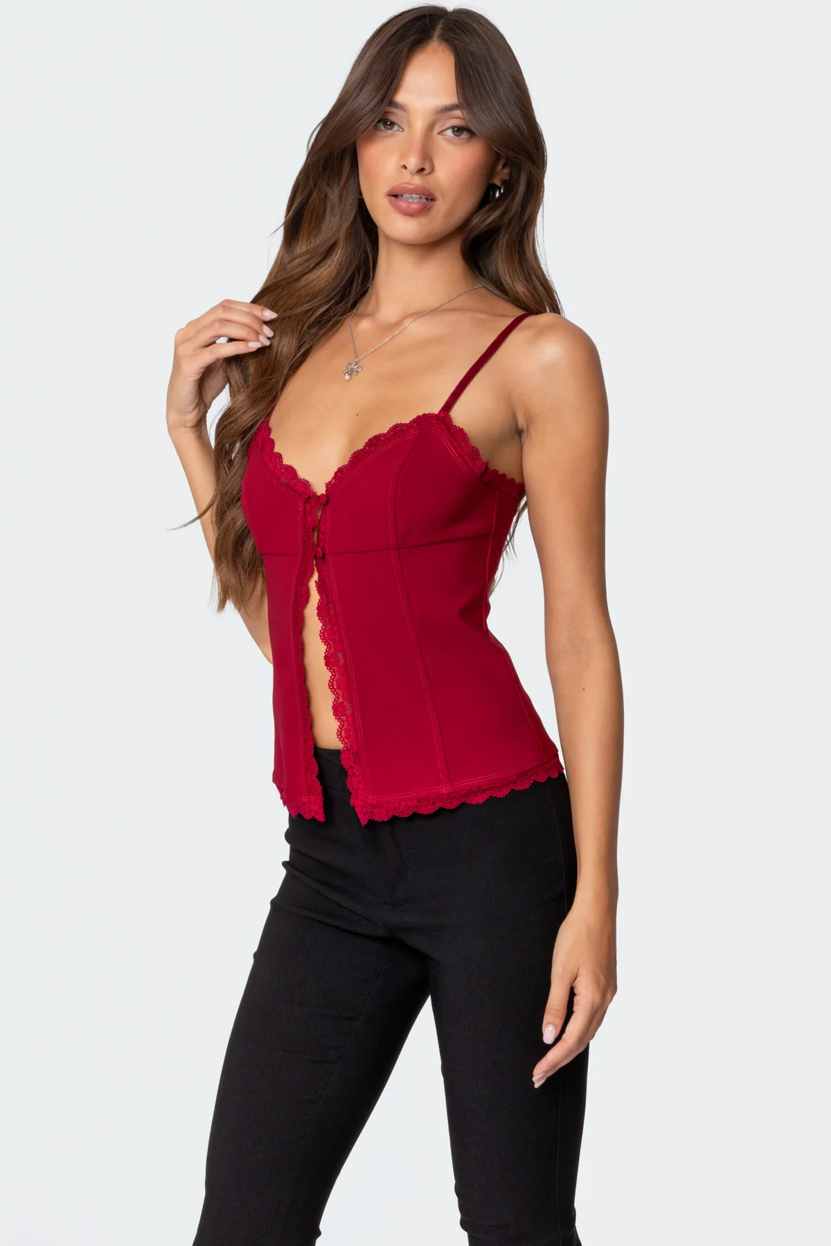 Crimson Lacey Split Front Top - Image 3
