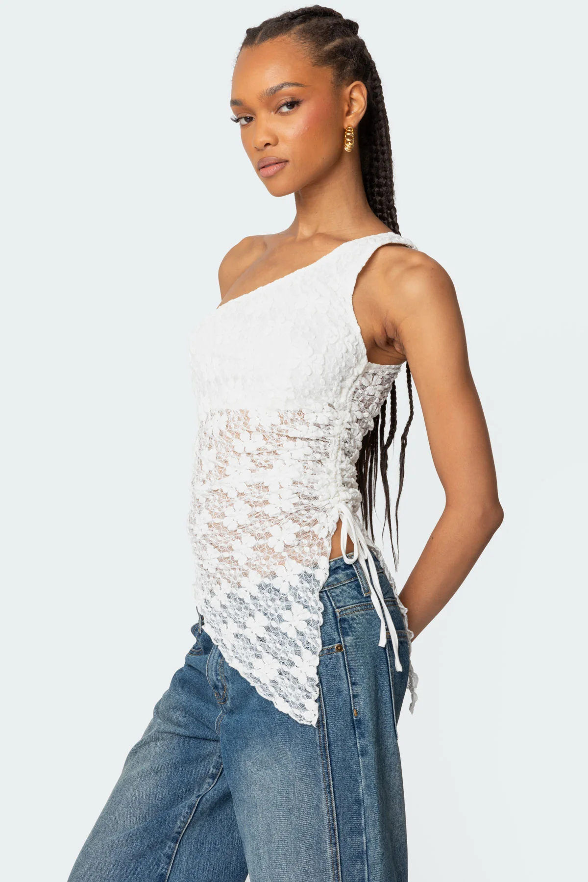 Lacey Sheer Asymmetric Drawstring Top - Image 2