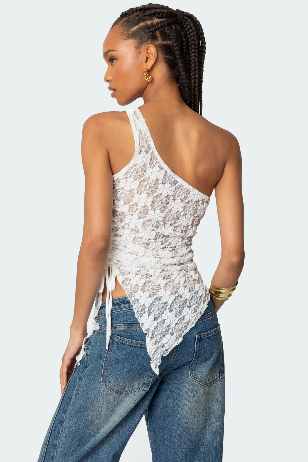 Lacey Sheer Asymmetric Drawstring Top - Image 4