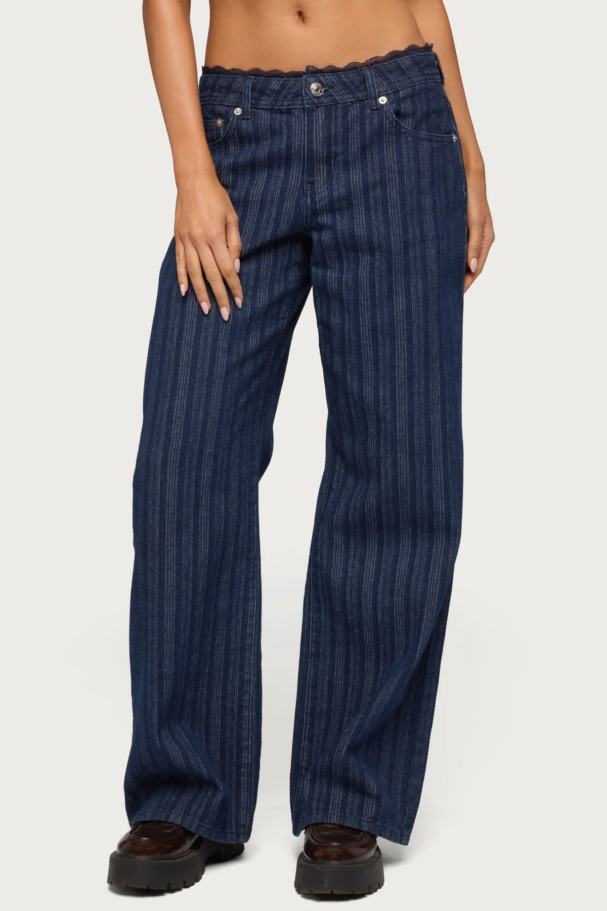 Lace Trim Striped Low Rise Baggy Jeans - Image 2