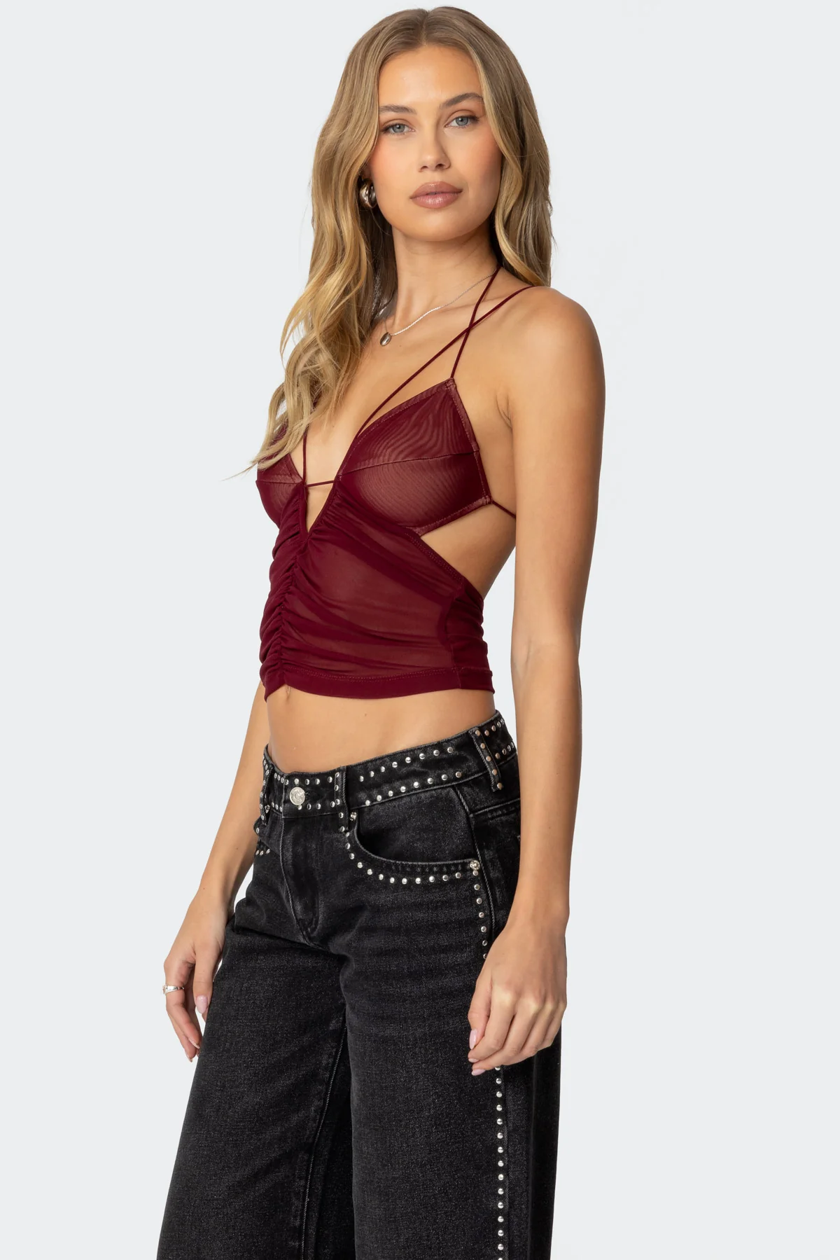 Strappy Ruched Mesh Top - Image 3