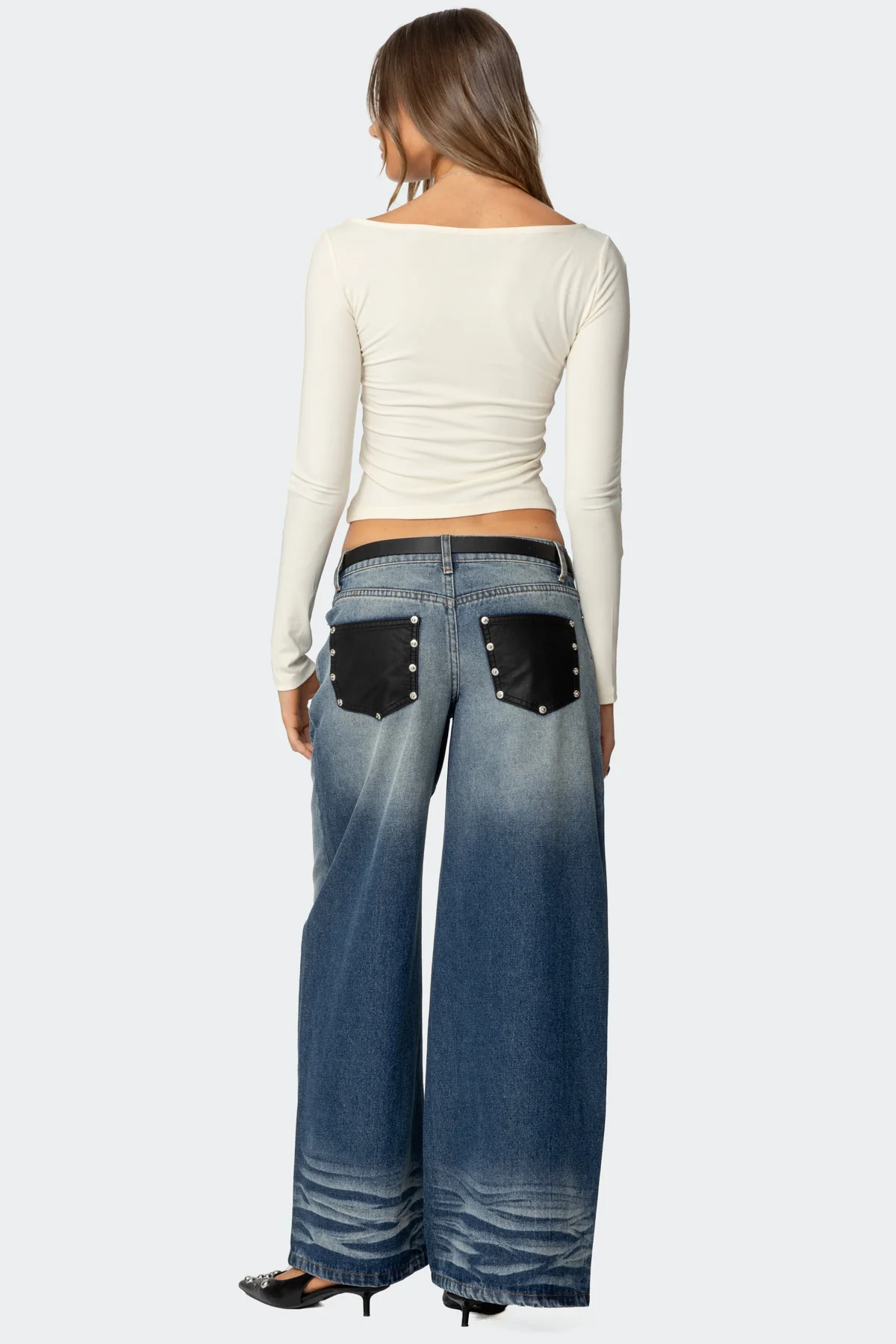 Faux Leather Pocket Low Rise Baggy Jeans