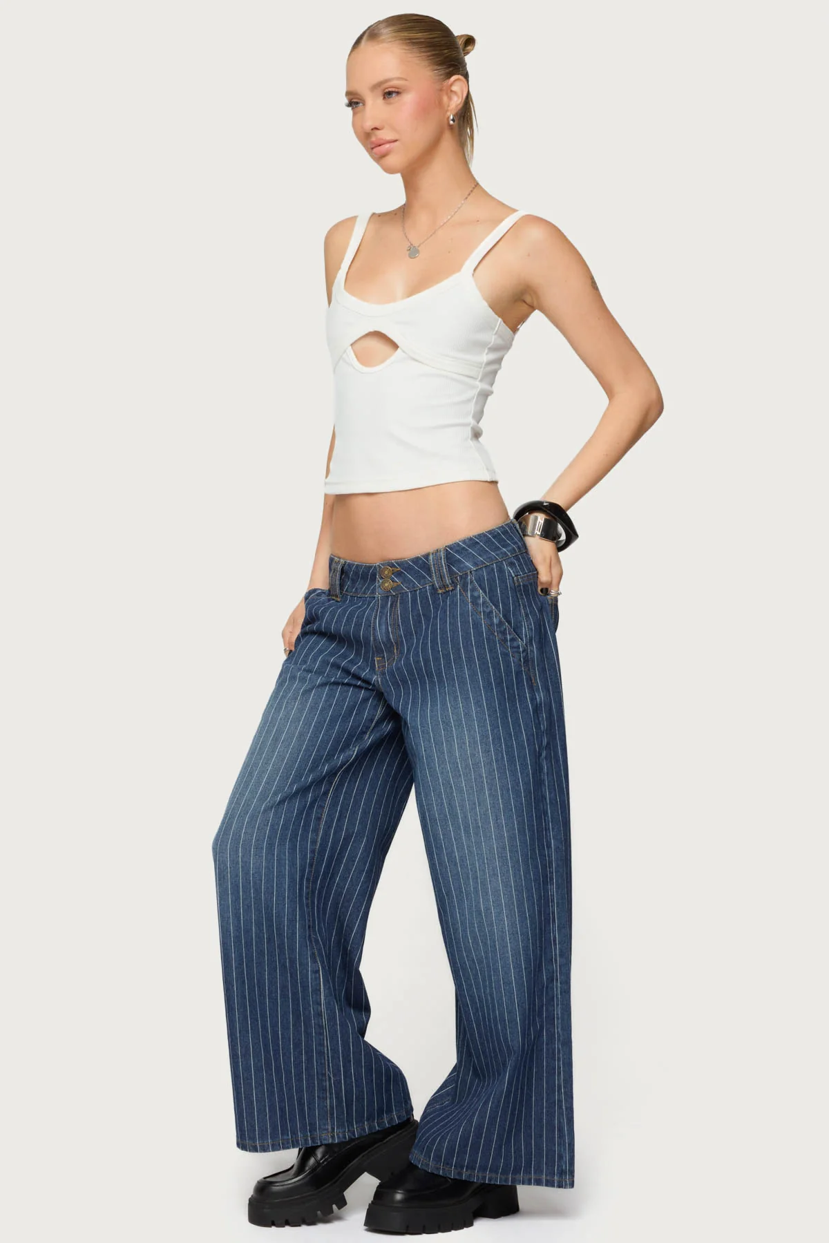Petite Cory Striped Low Rise Baggy Jeans - Image 3