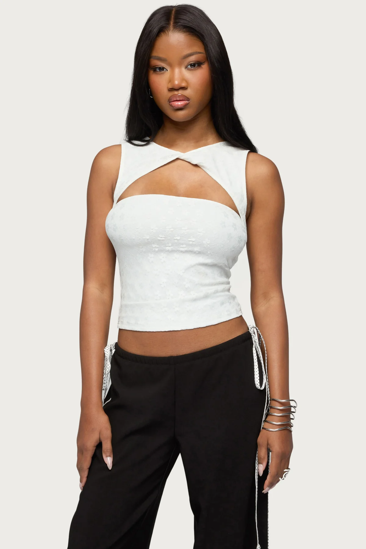 Elisia Twist Cutout Flower Lace Top