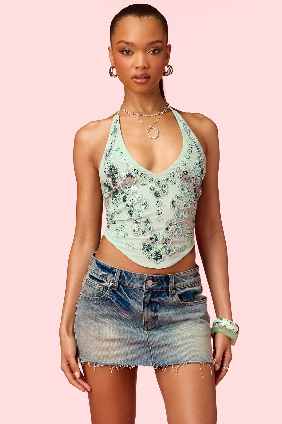 Barbie™ Floral Bead & Sequin Mesh Top