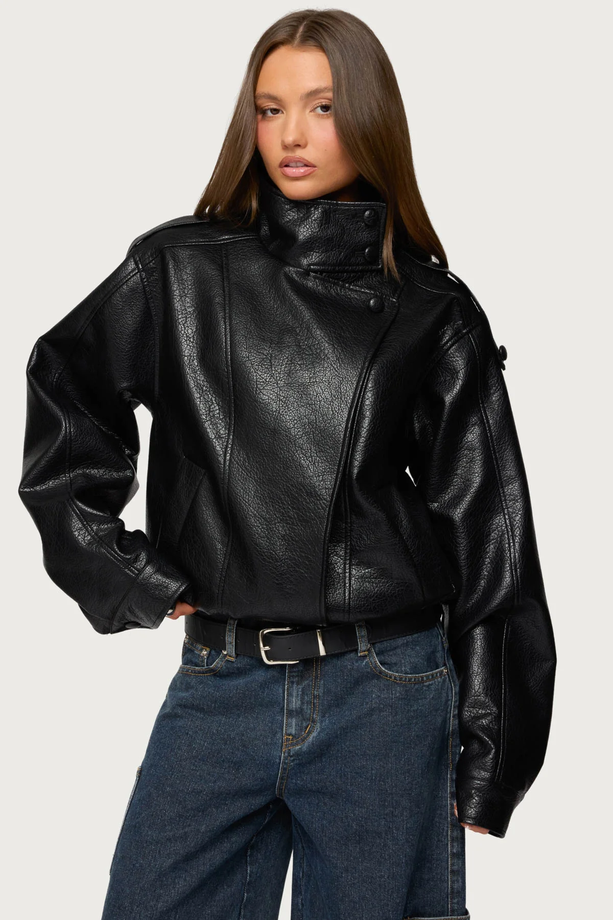 Jaicee High Neck Oversized Faux Leather Jacket - Image 2