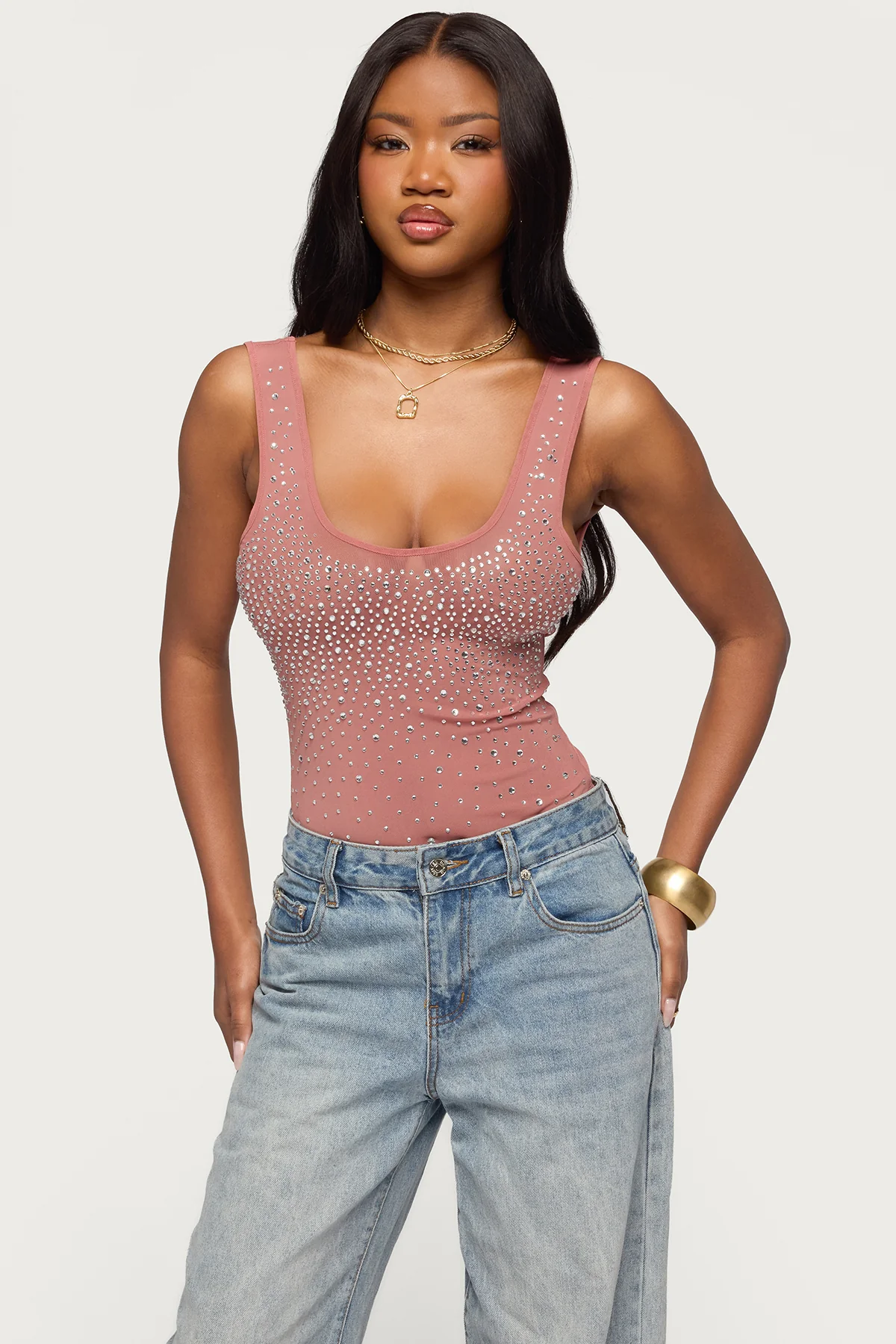 Angelita Rhinestone Sheer Mesh Bodysuit